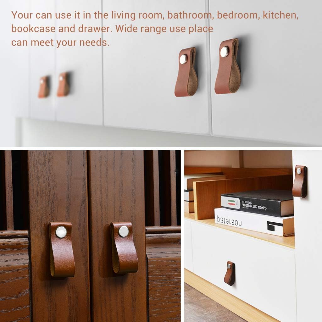 Flameer 12Pcs/Set Classic Drawer Knob Pull Handle Leather Cabinet Drawer Pulls Vintage Cabinet Cupboard Knobs with Silver Screws, Home Cabinet Drawer Handles