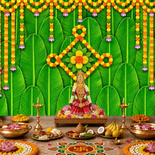 Image of Party Propz Banana Leaf Backdrop for Pooja Decoration-2 Pcs, Ganpati Decoration Setup for Home, Pooja Background Decor, Annaprasana Backdrop, Varalakshmi Decorative Items.