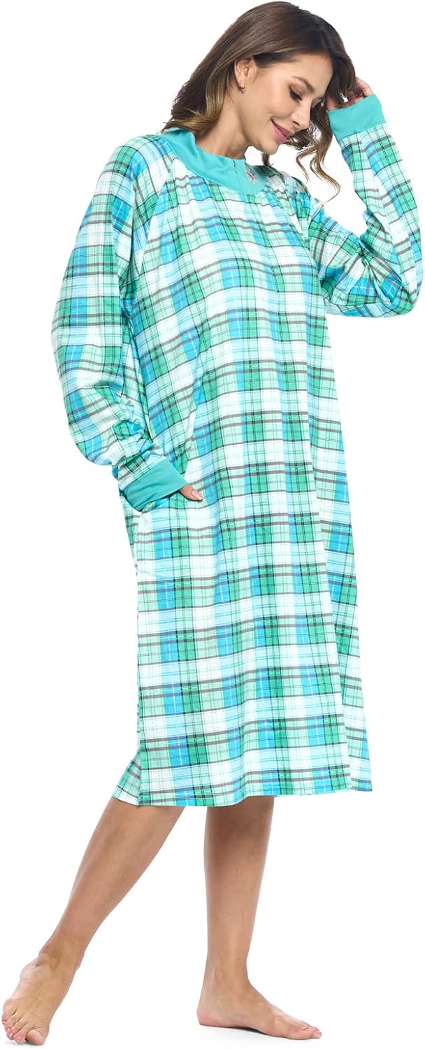 Casual Nights Women's Plaid Long Nightgown Long Sleeve Zip Up Lounger Dress