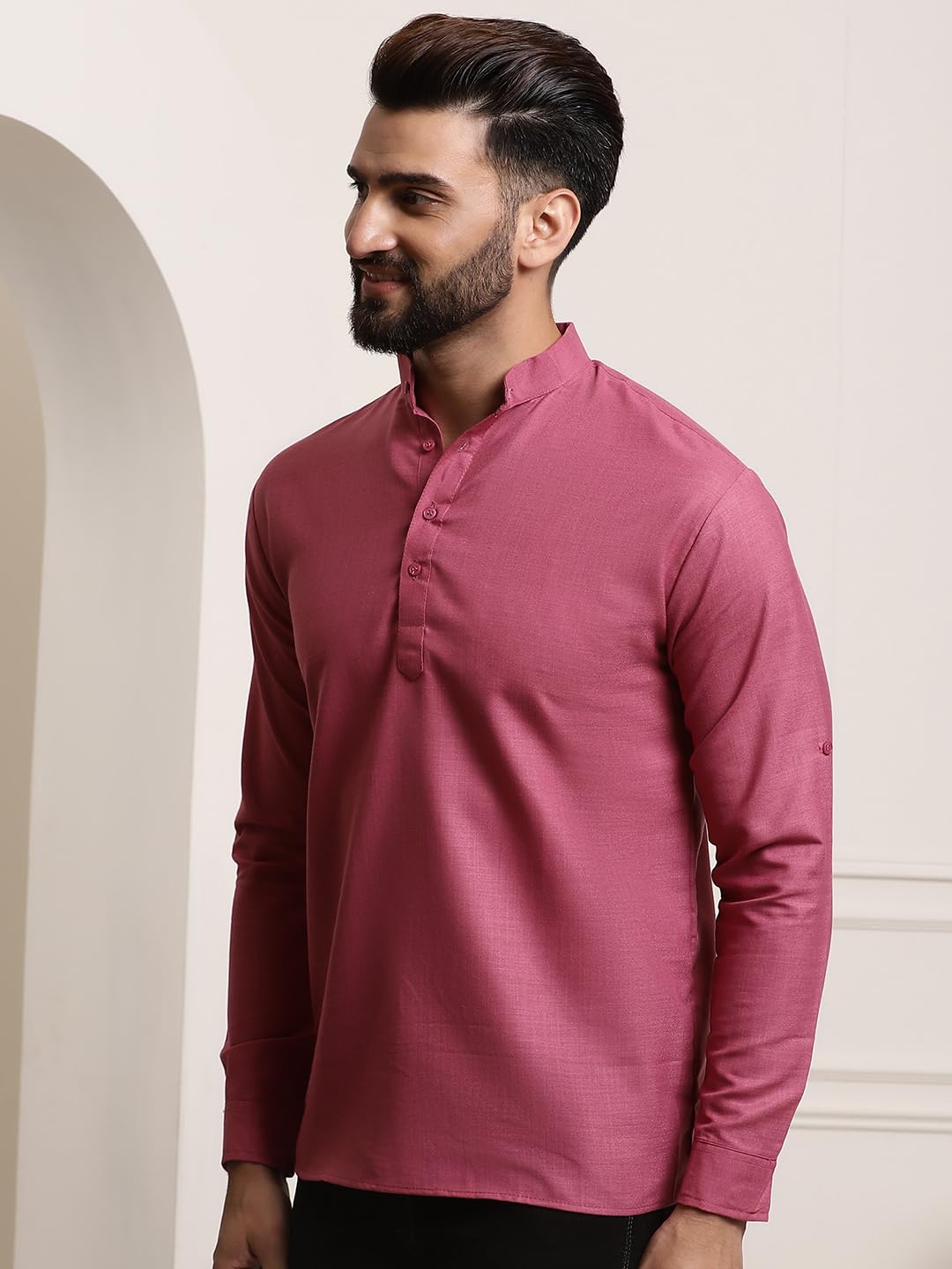 Sojanya (Since 1958, Men's Cotton Blend Dark Coral Solid Only Short Kurta
