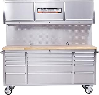 72 Inch Rolling Tool Chest with Drawers Tool Box with Wheels Mobile Tool Storage Cabinet with Wooden Top, Lockable, Storage Drawers, 15-Drawers + 3 Upper Cabinets, Stainless Steel
