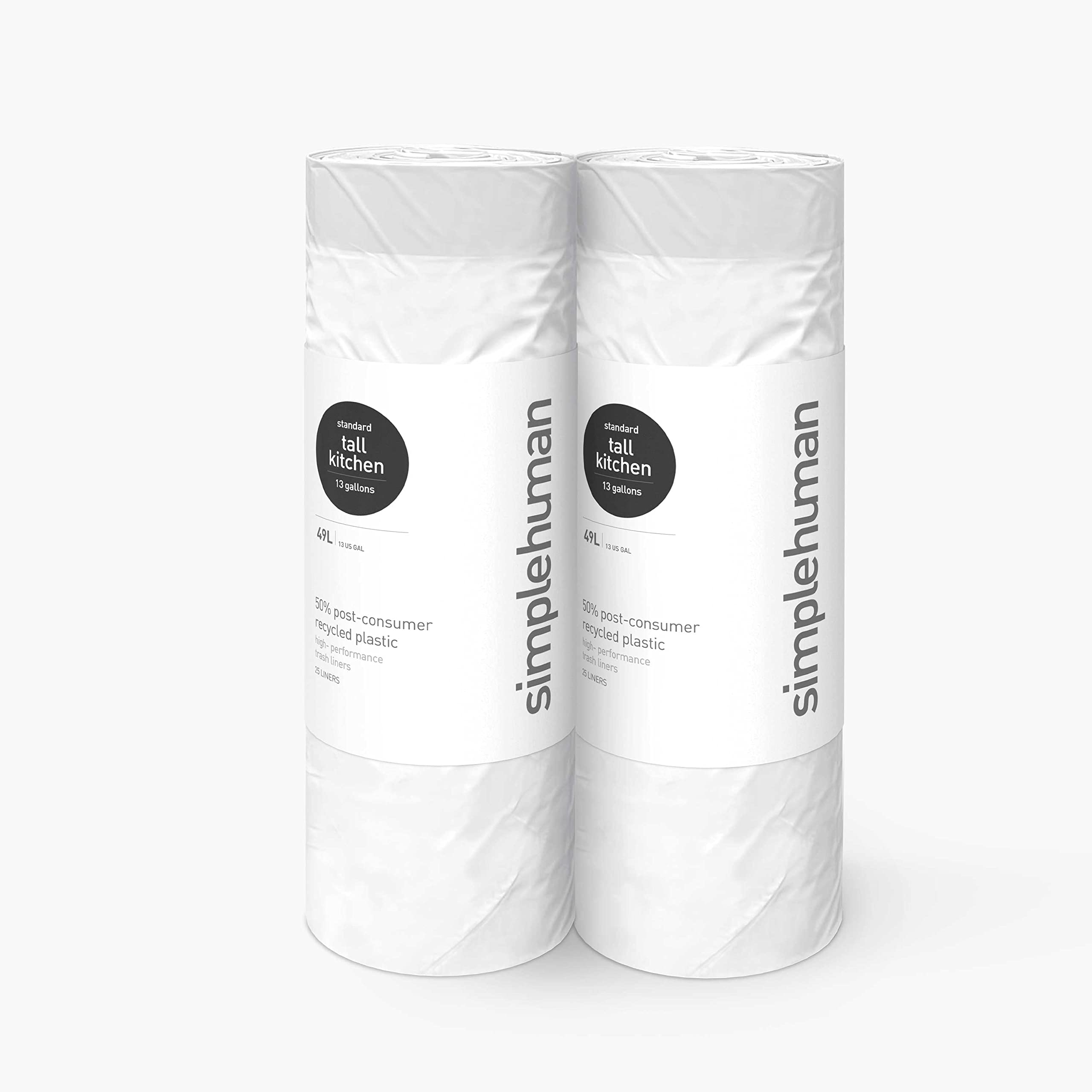 simplehuman 50% worki na śmieci z recyklingu pokonsumenckiego, wysokie kuchenne ściągacze na śmieci, 13 galon, 50 sztuk