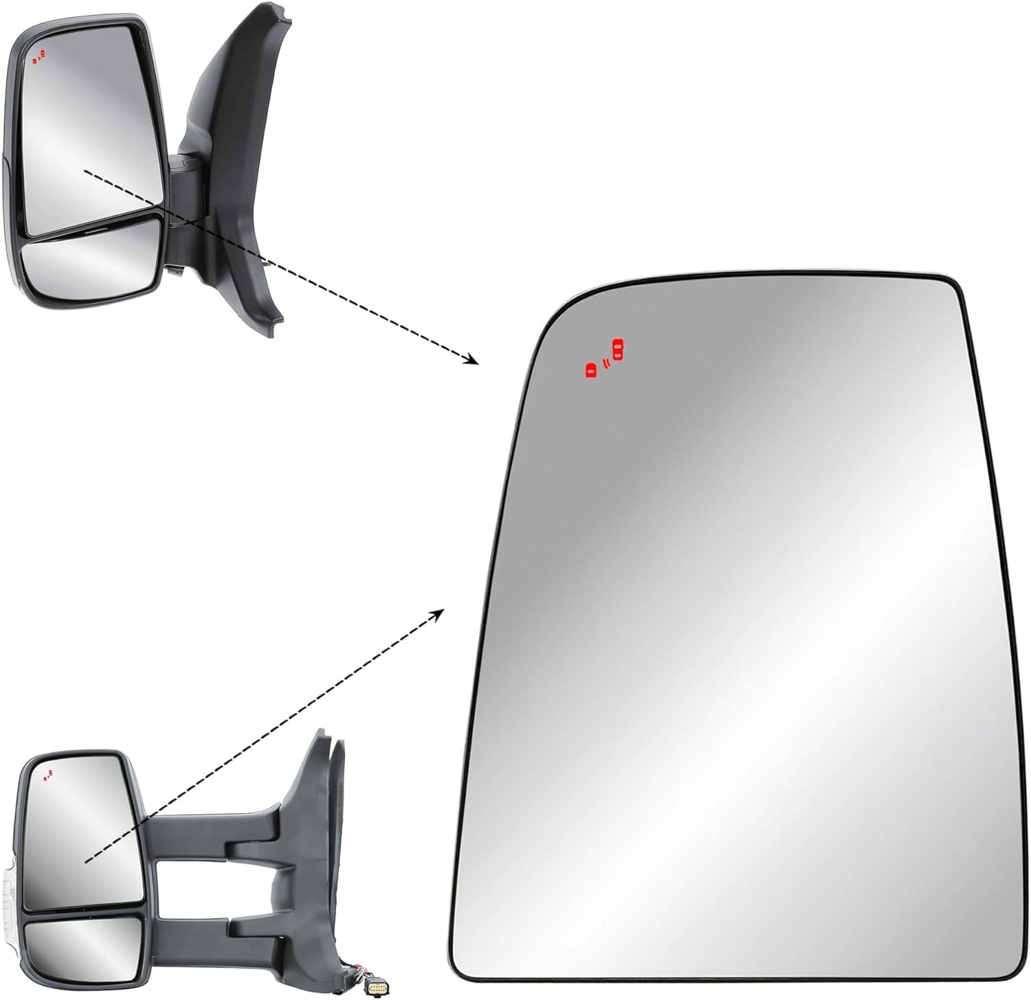 Replacement Driver Left Side Heated Mirror Glass With BLIS (Blind Spot Sensor) For 2010-2025 Ford Transit T150 T250 T350 T350HD | Back Plate
