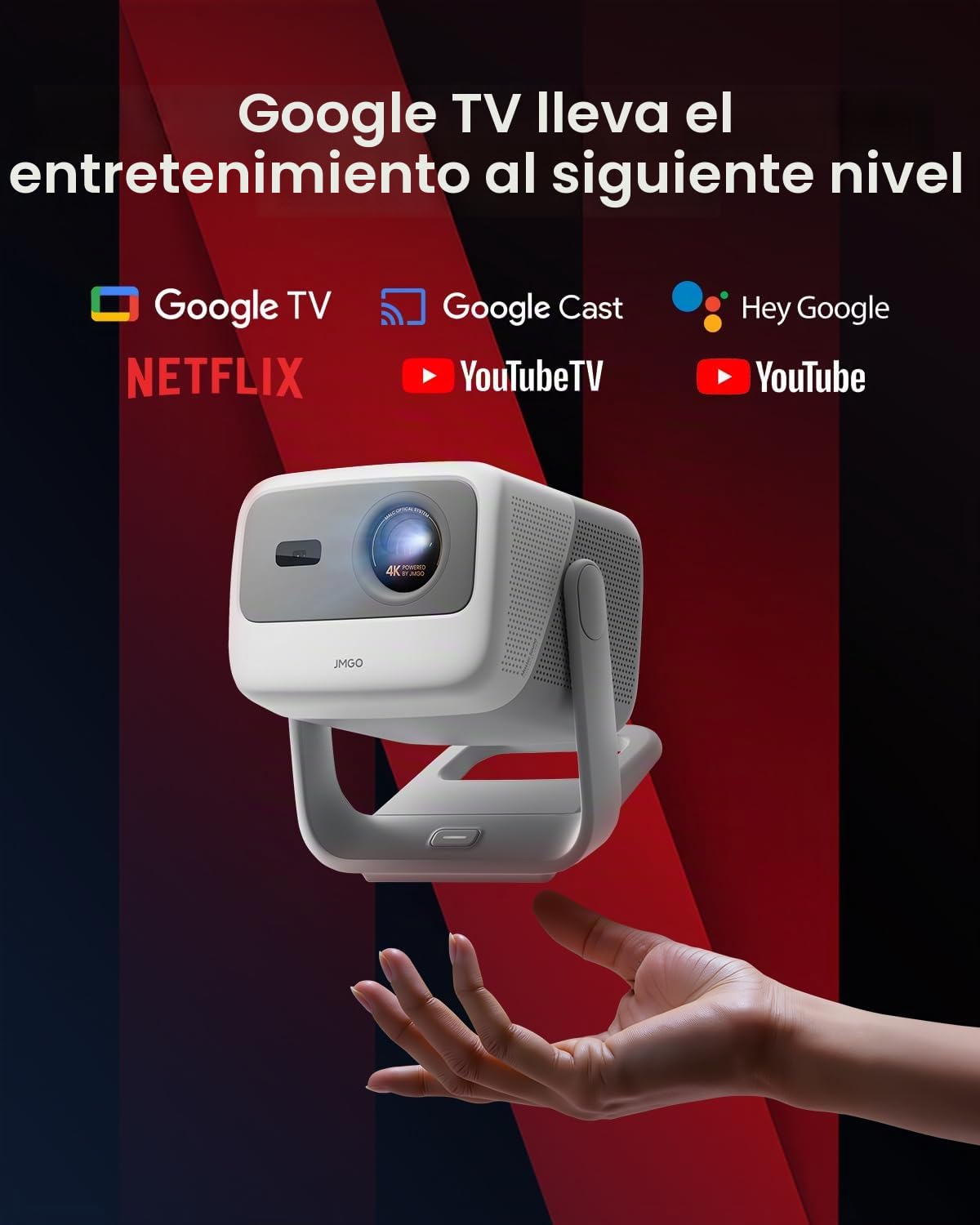 JMGO N1S 4K Proyector Portatil, Triple Laser, 1700 ISO Lumens, Gimbal Instantáneo Autofocus, Google TV, Netflix, 110% BT.2020, HDR10, Audio Dolby 10W, BLU-Ray 3D, 200" para Exterior, Gaming, Fiestas