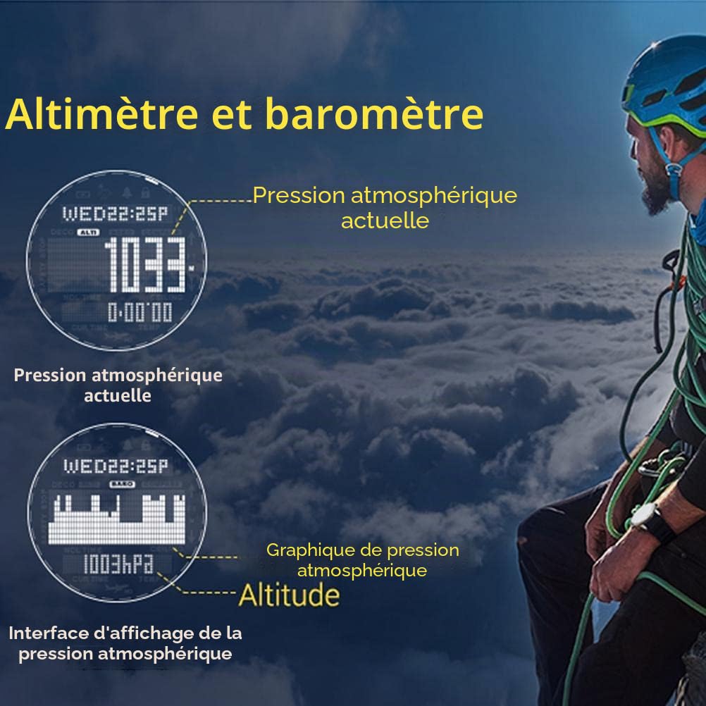 Montre numérique de sport pour homme – Montre de sport d'extérieur étanche avec altimètre, baromètre, boussole et thermomètre, montre de plongée militaire de 100 m, tracker d'activité