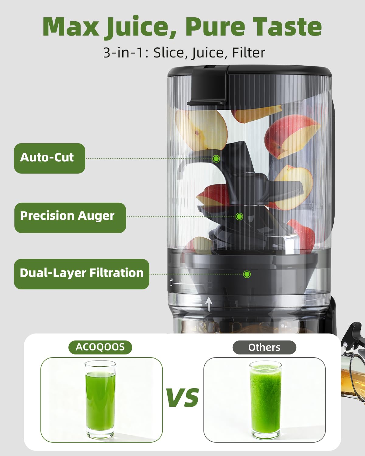 ACOQOOS Entsafter für Ganze Gemüse und Obst 135mm, 1,8 L Slow Juicer, Elektrische Saftpresse, Obsidianschwarz