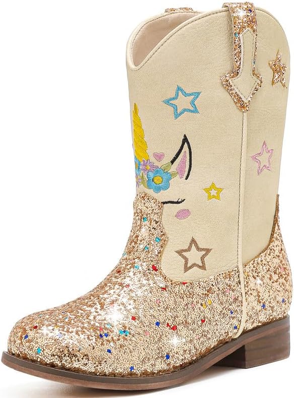Unicorn Girls Cowgirl Boots Mid Calf Square Toe Glitter Toddler Western Cowboy Boot Little Kid Big Kid Riding Shoes Princess Dress Up Party Birthday Dance