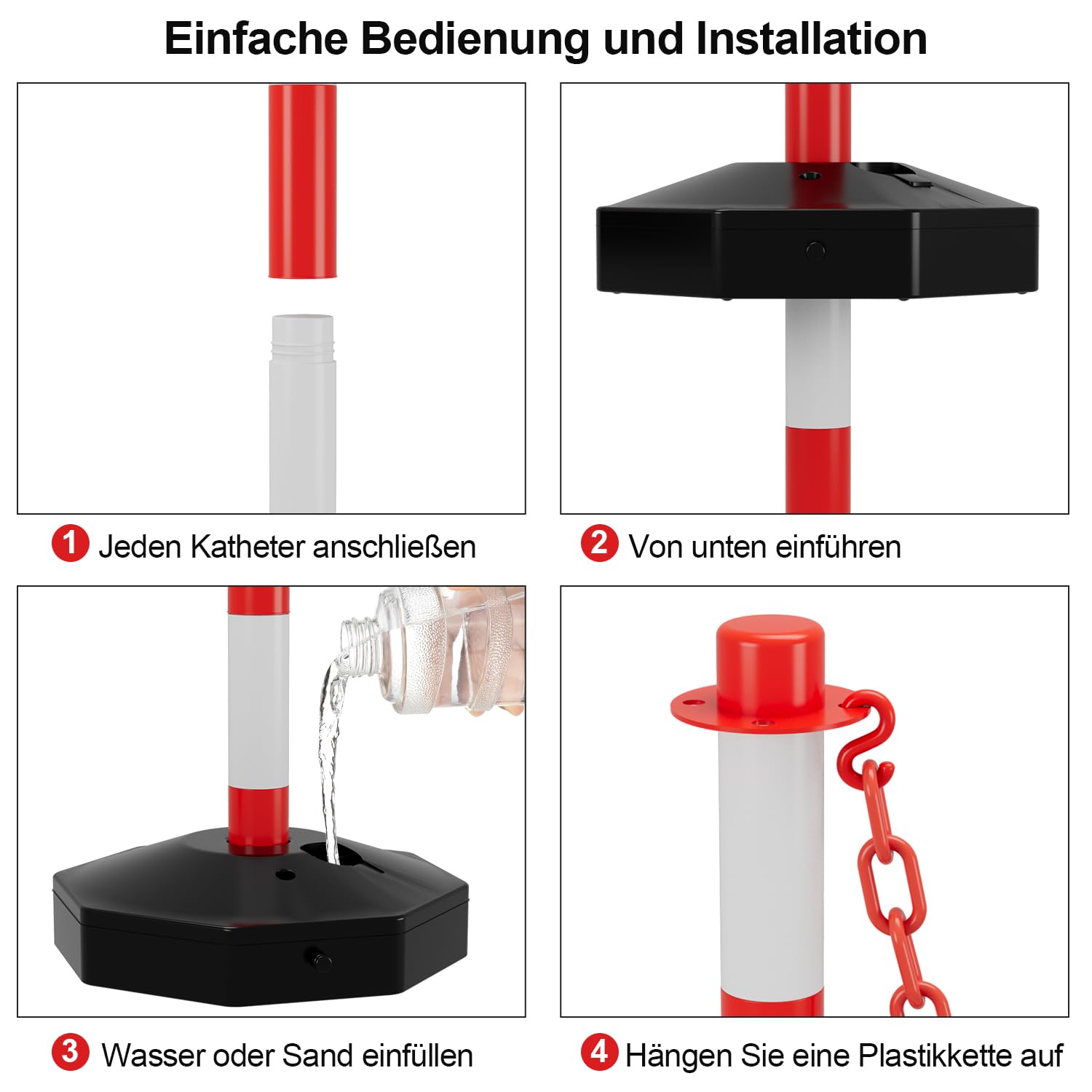 Sonnewelt 4 Stück Absperrpfosten, Kettenpfosten zum Befüllen mit Sand und Wasser, 1,4 m Kunststoffketten rot weiß, Sperrpfosten Absperrketten geeignet für Parkplatz, Auffahrt, Straßenunterhaltung