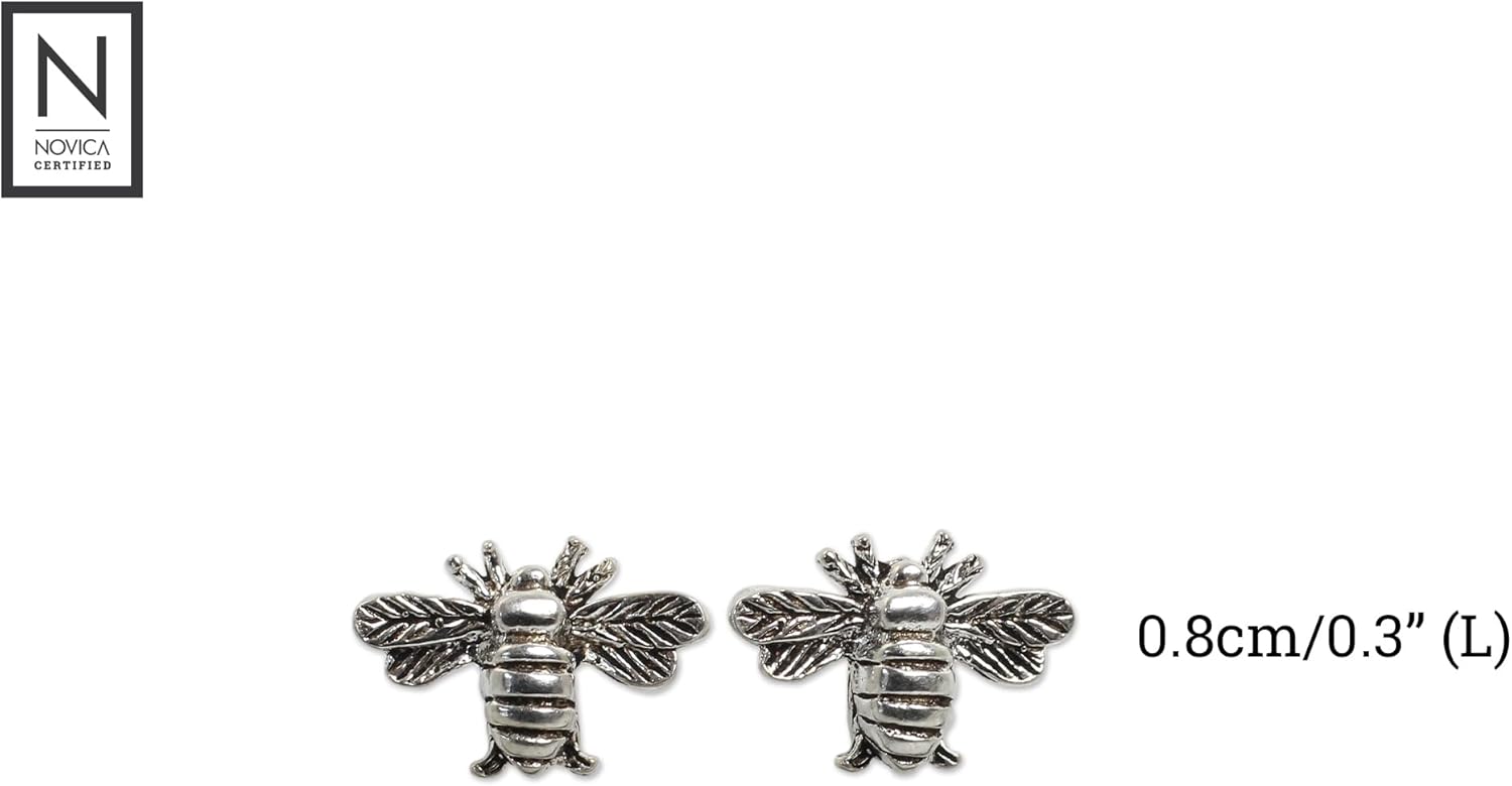 NOVICA Artisan Handmade Sterling Silver Stud Earrings Honeybee No Stone Thailand Animal Themed Bug [0.3 in L x 0.5 in W] ' Happy Honeybee'
