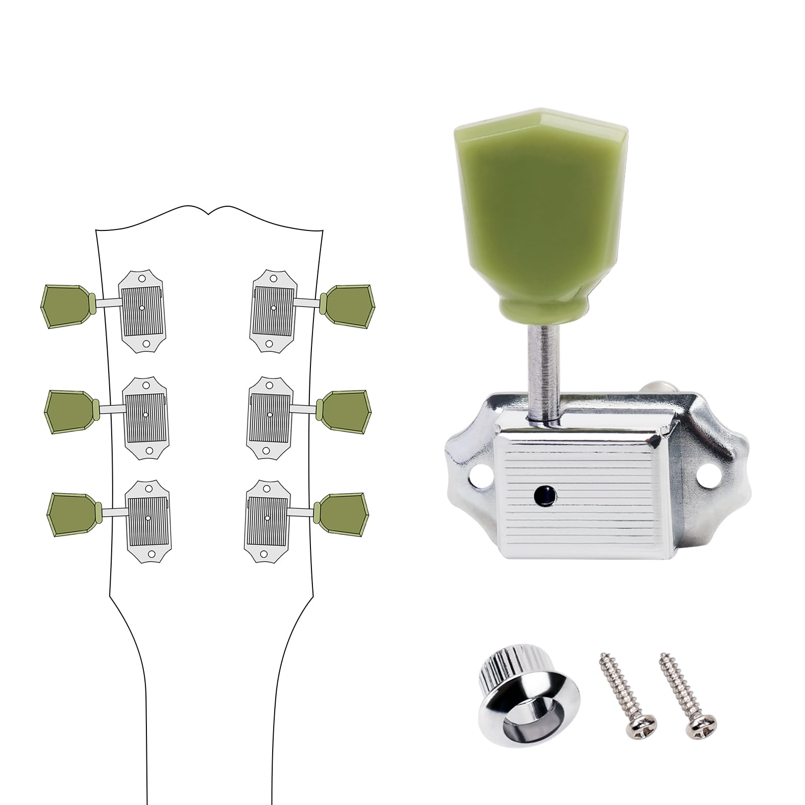 Banworks Vintage '50s Style Guitar Tuning Pegs Keys 15:1 Ratio 3L3R Guitar String Tuning Machines 8mm (5/16") Peg Holes for Les Paul LP SG ES Pack of 6 JT/JXQ-06 Chrome with Green Keystone Button - Image 3