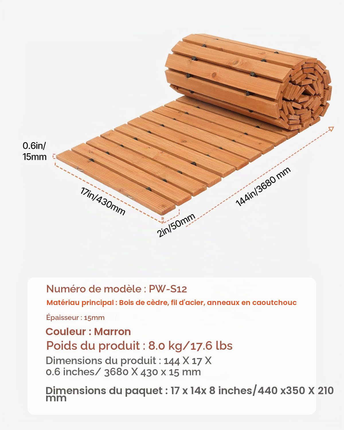 VEVOR Chemin de Jardin en Bois, 368x43 cm, Allée de Jardin Droite Déroulante Antidérapante Décorative en Cèdre avec Connexion par Câble Métallique, pour Fêtes, Mariages, Cour, Terrasse, Extérieur