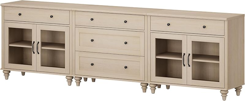WAMPAT TV Stand for 100 Inch TV with 5 Drawers and 4 Glass Doors, Beige image 7