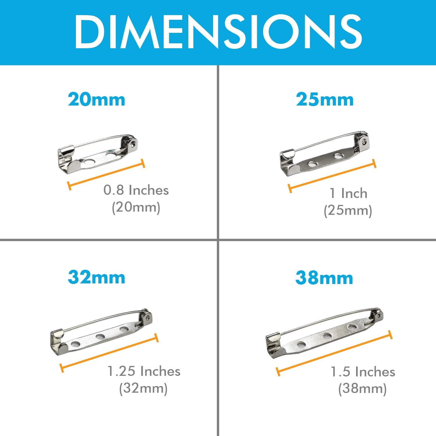 Bar Pins Brooch Clasp Pin Backs Safety Pin 120 Pieces Silver for Name Tags, Badges (4 Sizes 20mm 25mm 32mm 38mm)