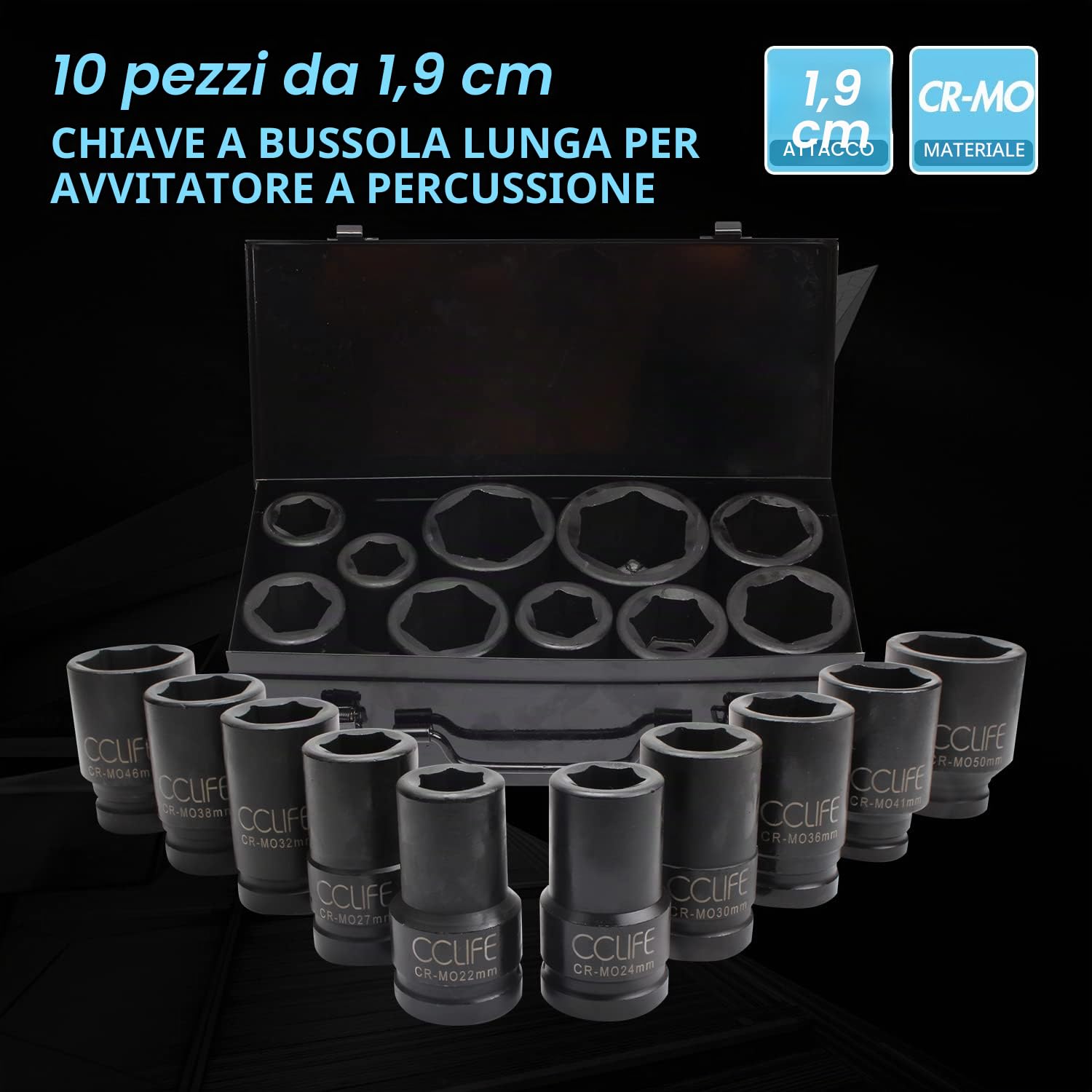 CCLIFE Set Bussole a Impatto Profondo da 10pezzi | 3/4' Prese di Impatto (22-50 mm) I chiavi a impulsi per Chiavi a Bussola