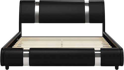 Miniatura 9 de TTVIEW Base de cama tapizada de piel sintética moderna con decoración de metal de hierro cabecera curvada ajustable soporte de listones de madera no