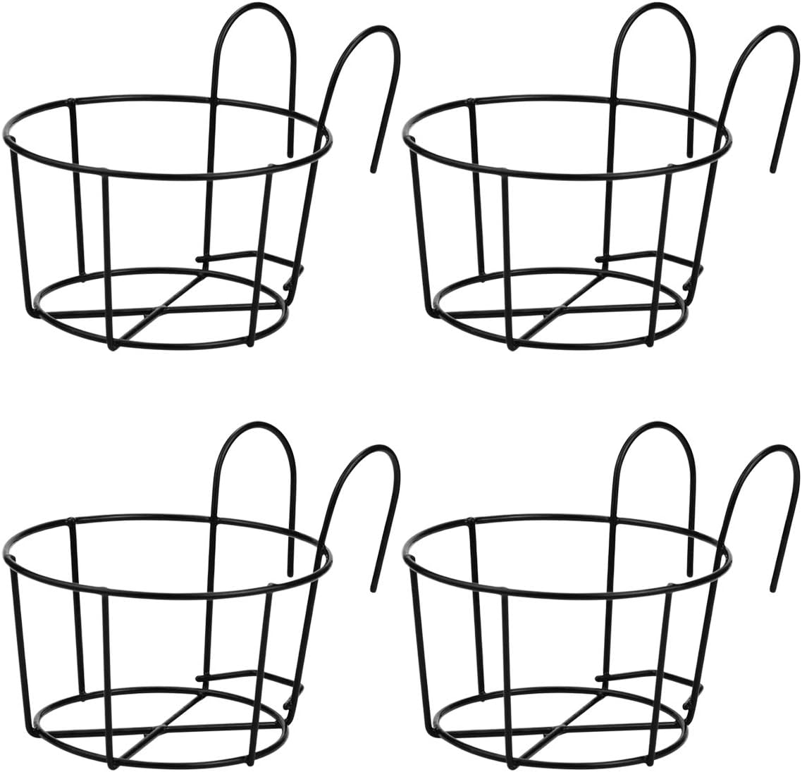 FIREBOOMOON 4 Pack Small Round Metal Hanging Railing Planters,Hanging Railing Planter Flower Pot Holder Basket Iron Art Rack Fence Shelf Container for Balcony,Garden,Indoor and Outdoor (Black)