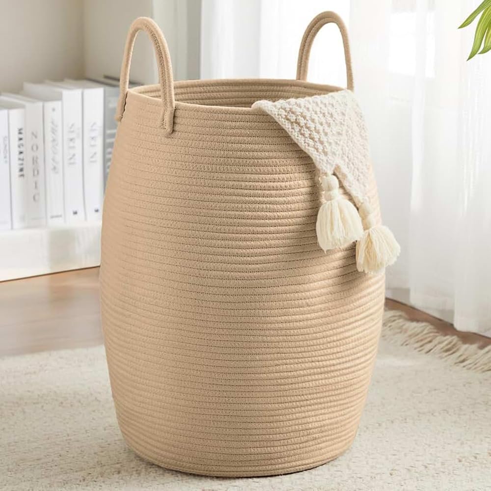 BEOSIOR Cotton Rope Basket Large Blanket Basket Woven Storage Basket Toy Storage Organiser Nursery Decor Laundry Hamper with Handle 65L (Yellow)