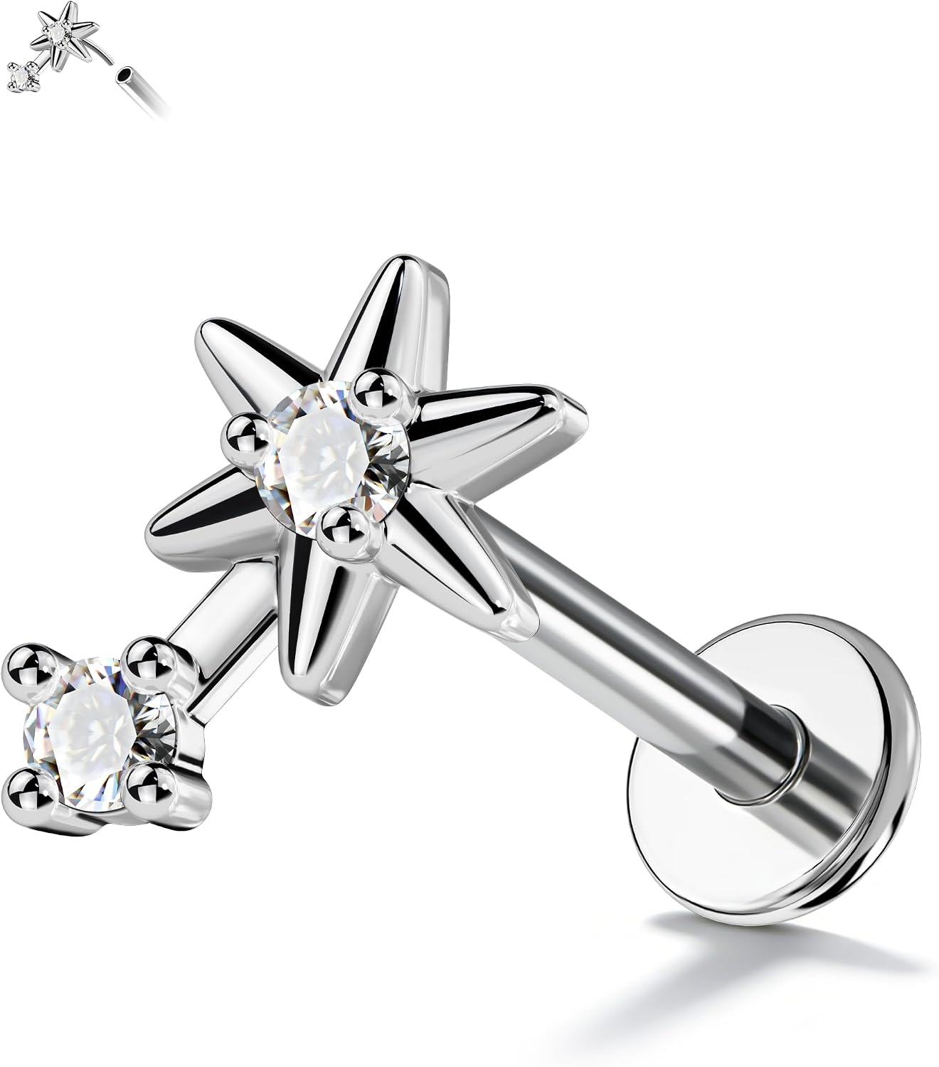 Meteor Titanium Flat Back Cartilage Earring-Push-In Helix Earring 16G-316L Stainless Steel & G23 Titanium-Helix, Tragus, Conch, Flat Back Stud Jewelry