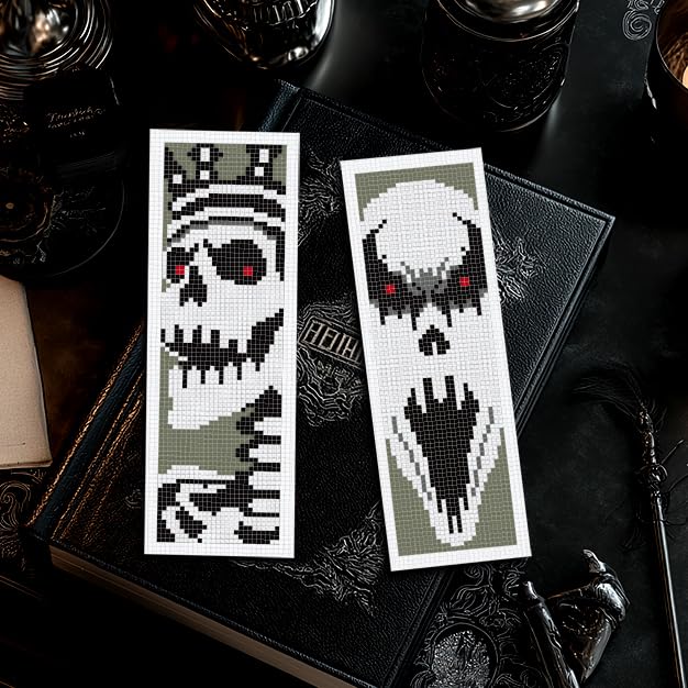 Image of INFUNLY 6PCS Skull Theme Cross Stitch Kit for Beginners 8.5x3 DIY Bookmarks Cross Stitch Kits Black White Horror Embroidery Cross Stitch Kits with Backing Felt Floss Instruction for Book Lovers