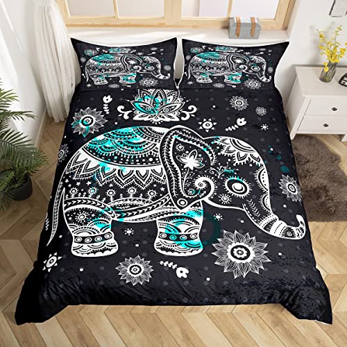 Boho Elephant Duvet Cover Set Mandala Bohemian Comforter Cover Exotic Indian Tie Dye Bedding Sets For Kids Boys Girls Turquoise White Elephant Bedspreads Cover With 2 Pillow Cases King Size #TOP29