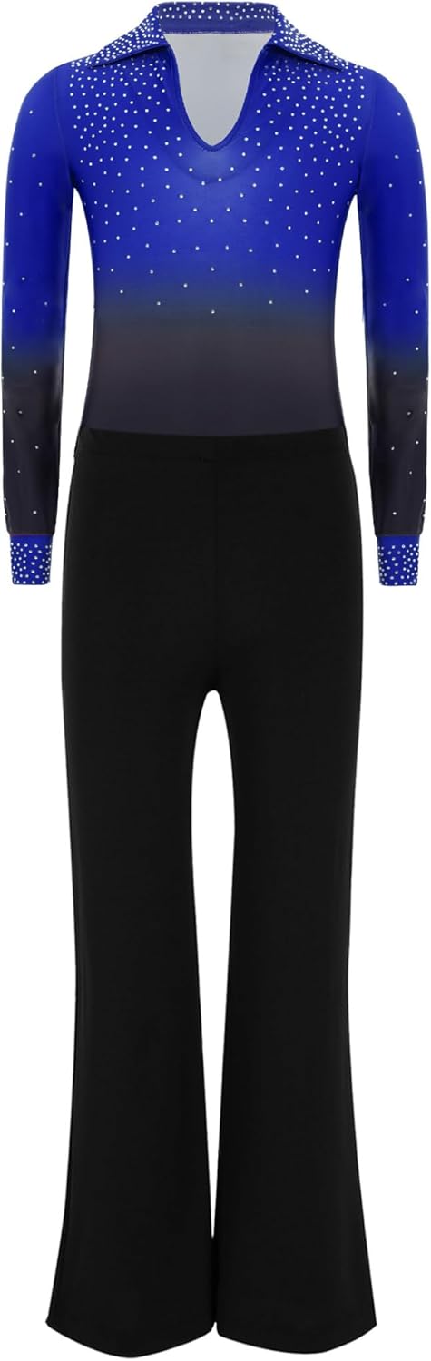 Kids Boys 2 Piece Latin Tango Dance Outfit Long Sleeve Gradient Rhinestones Leotard and Bell Bottom Pants Royal Blue 12 Years