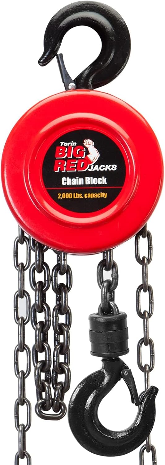 BIG RED Hand Chain Hoist 1 Ton 2000 Lbs Capacity 8ft/2.5m Torin Manual Chain Fall with 2 Heavy Duty Hooks, for Warehouse Automotive Machinery, Red, TR9010