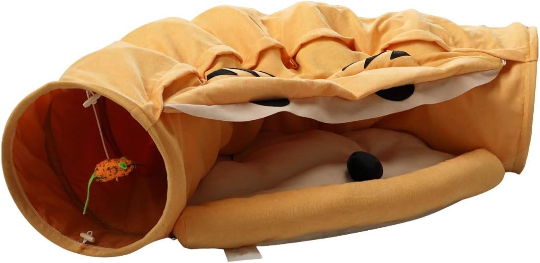 2-in-1 Cat Tunnel Bed, Yellow Color with Hanging Toys and Removable Mat