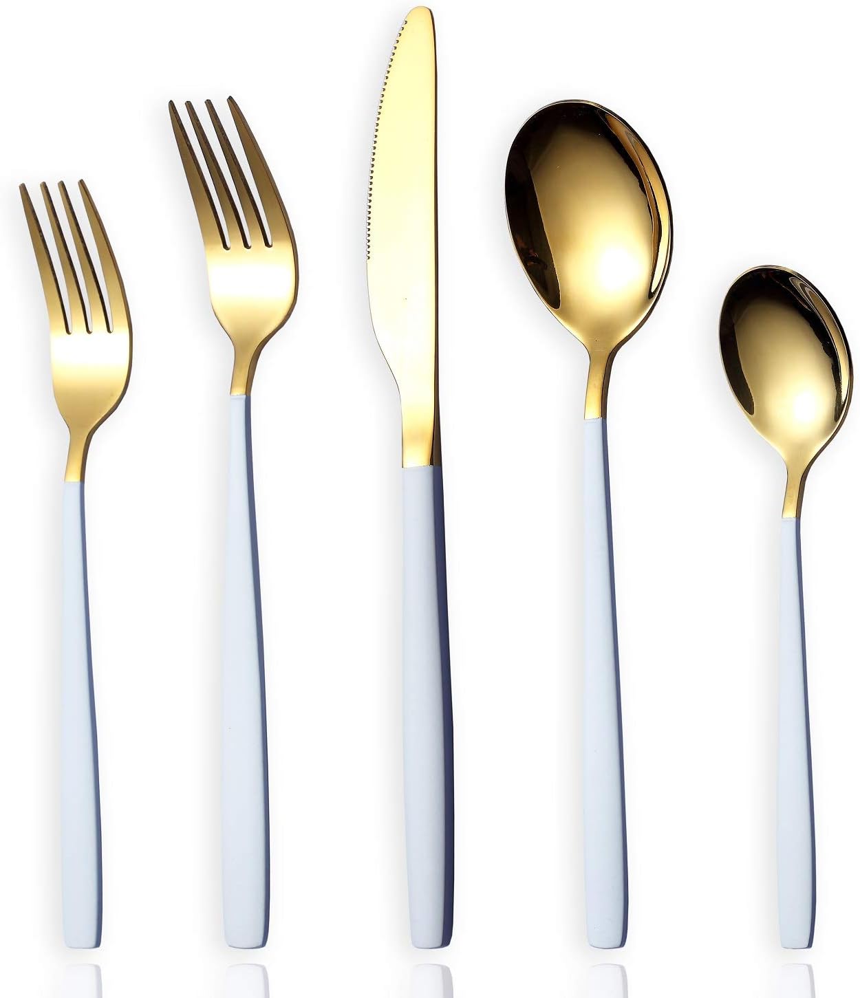 20-Piece Silverware Flatware Cutlery Set,Stainless Steel Utensils Service set for 4,Mirror Finish,Dishwasher Safe (Shining Golden Spoon and Matt White Handle)