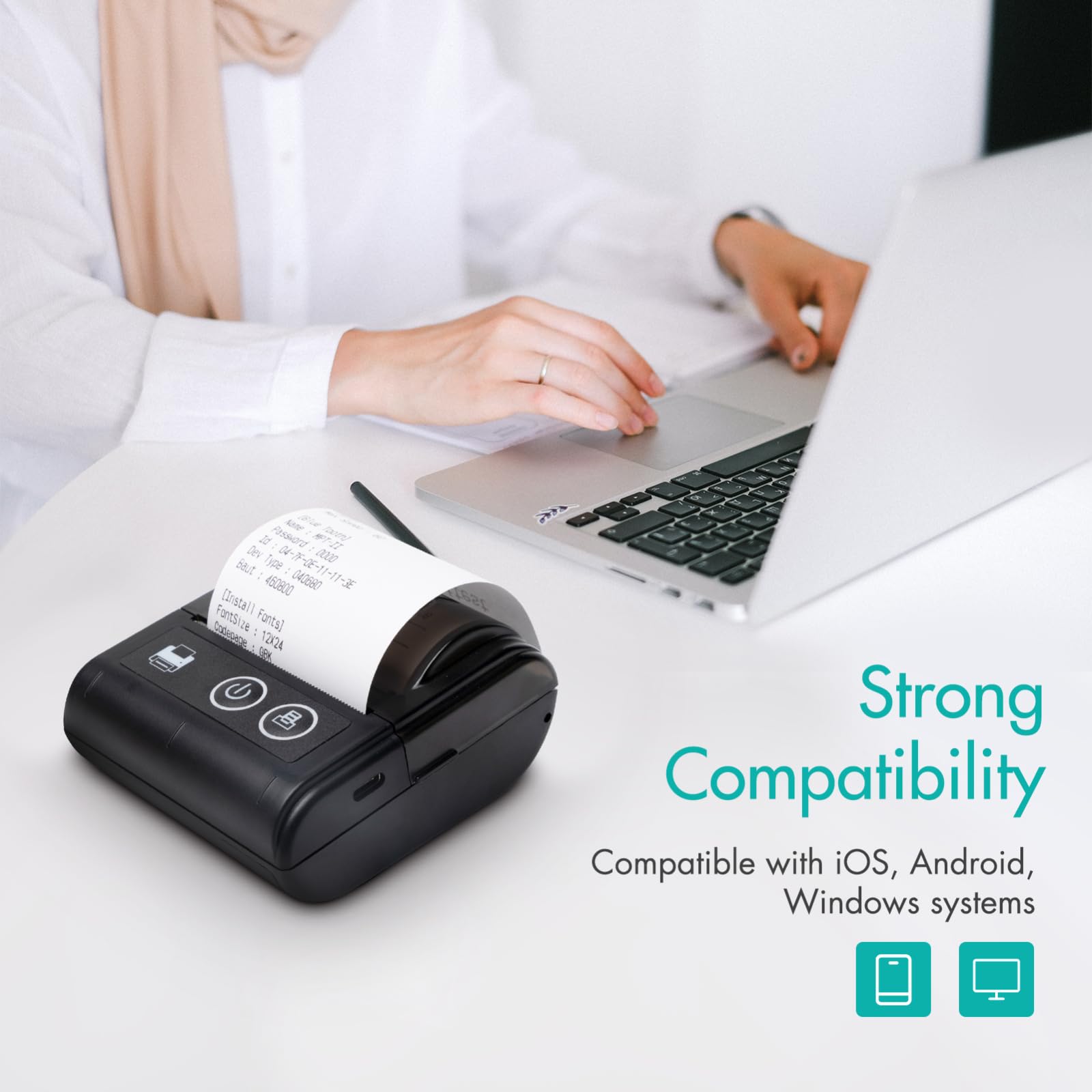 Mini imprimante thermique portable USB et Bluetooth 57 mm sans fil haute vitesse 1 rouleau de papier intégré compatible iOS, Android, Windows pour restaurant, vente au détail