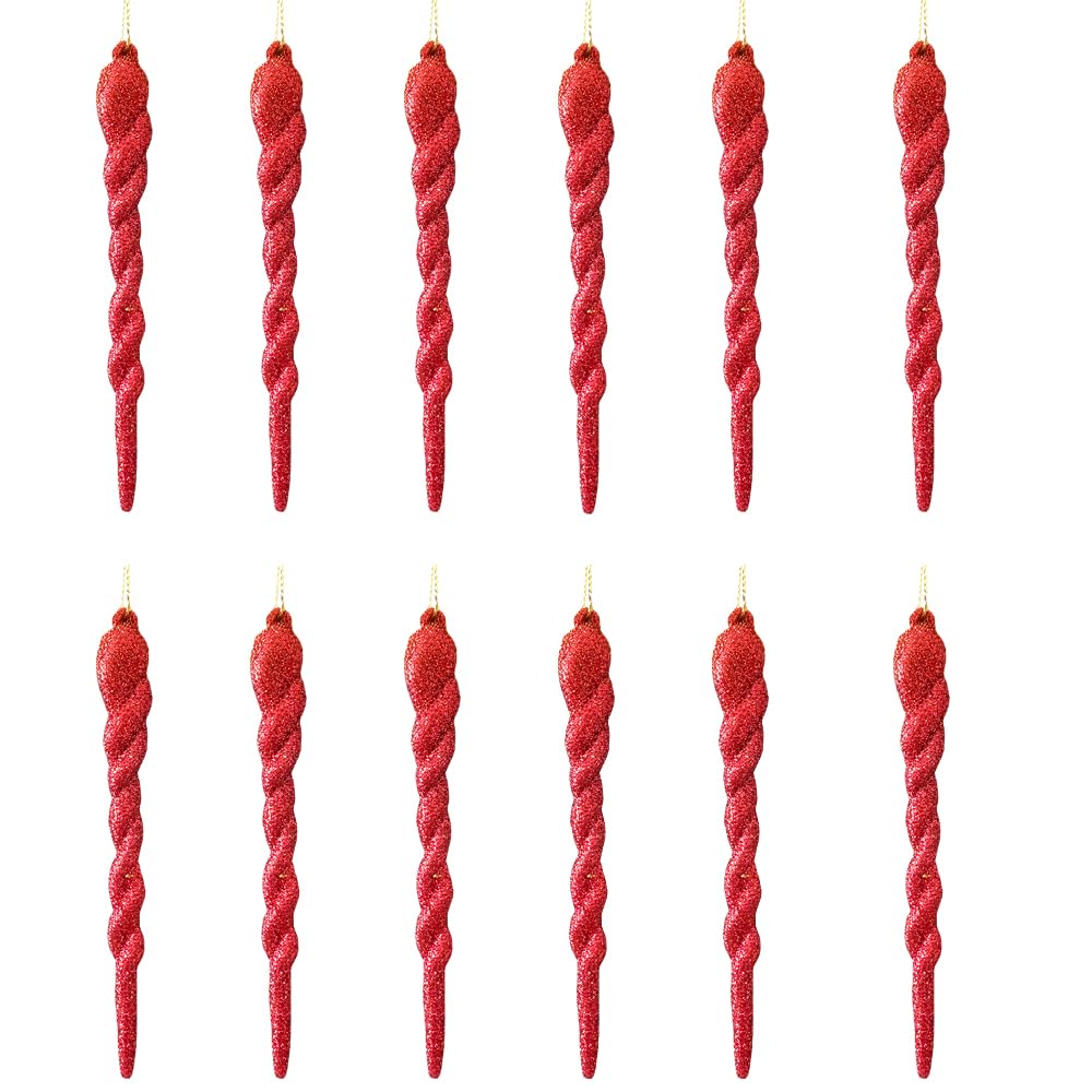 SECALIFE 12 PCS Red Glitter Droplet Baubles, 13CM Christmas Tree Ornaments, Glitter Finish, Twisted Design