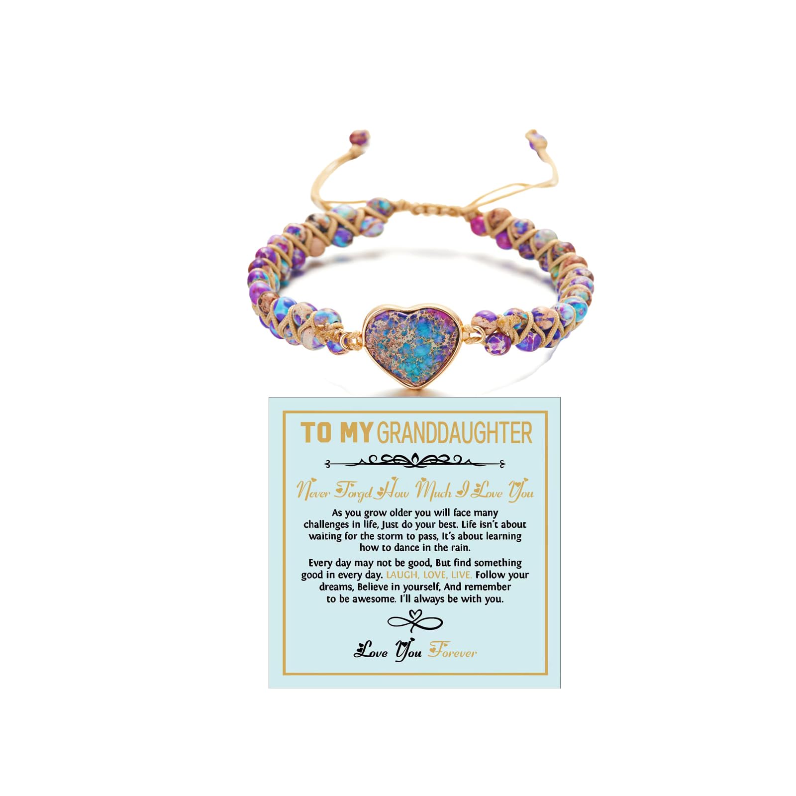 To My Granddaughter-Infinity Forever Love Heart Bracelet, Natural Emperor Stone Double Layer Purple Beaded Woven Wrap Bracelets Adjustable Mind Peace Gift Jewelry