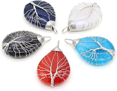 LE SKY 4 colgantes de piedra natural con forma de gota de agua grande, piedra de ágata de cristal, tejido a mano, dijes de árbol de la vida para