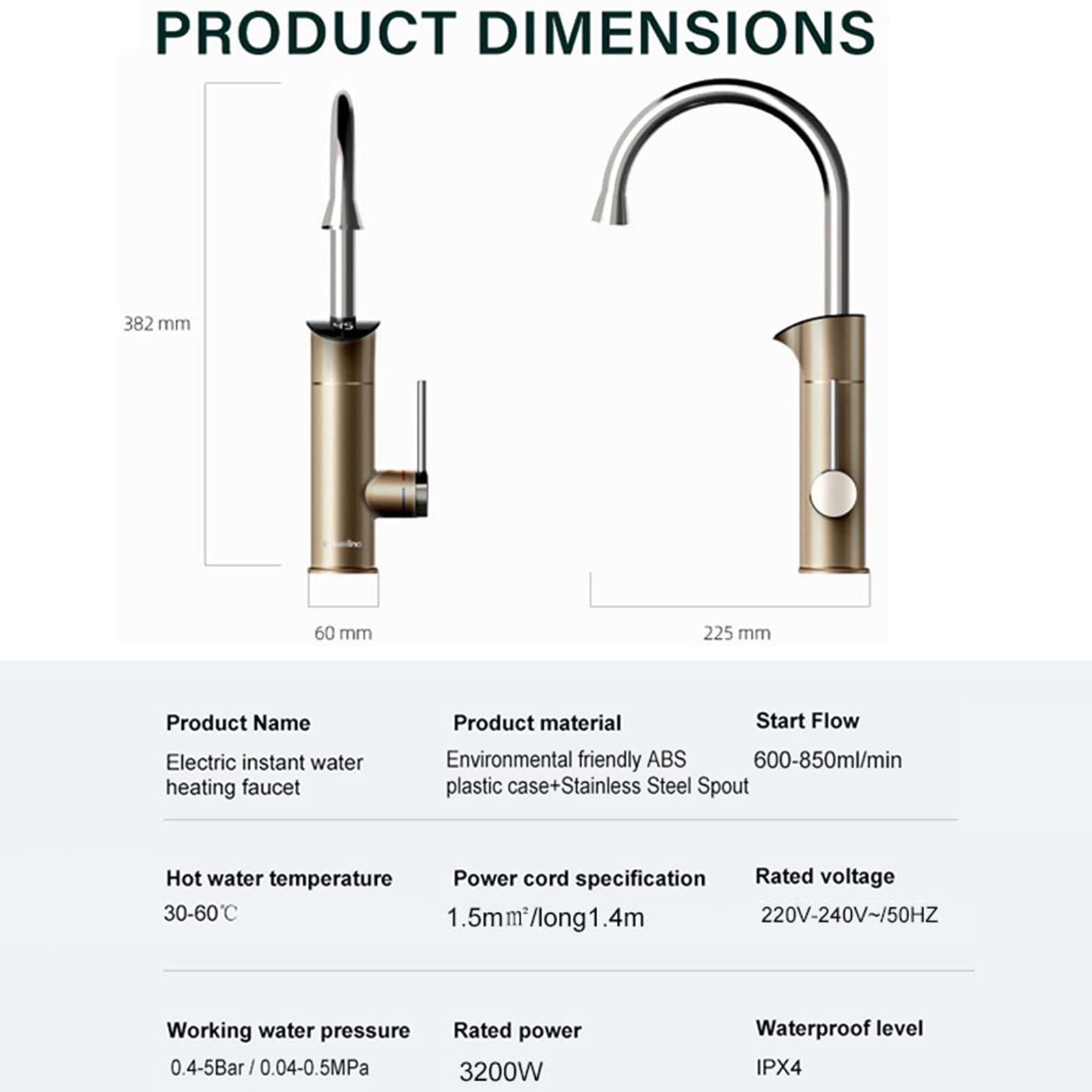 Rubinetto per lavello da Cucina, Rubinetto per scaldabagno Elettrico, Rubinetto per Acqua istantanea Senza Serbatoio, Rubinetto per Riscaldamento rapido, rubinetti da Cucina con Display Digitale