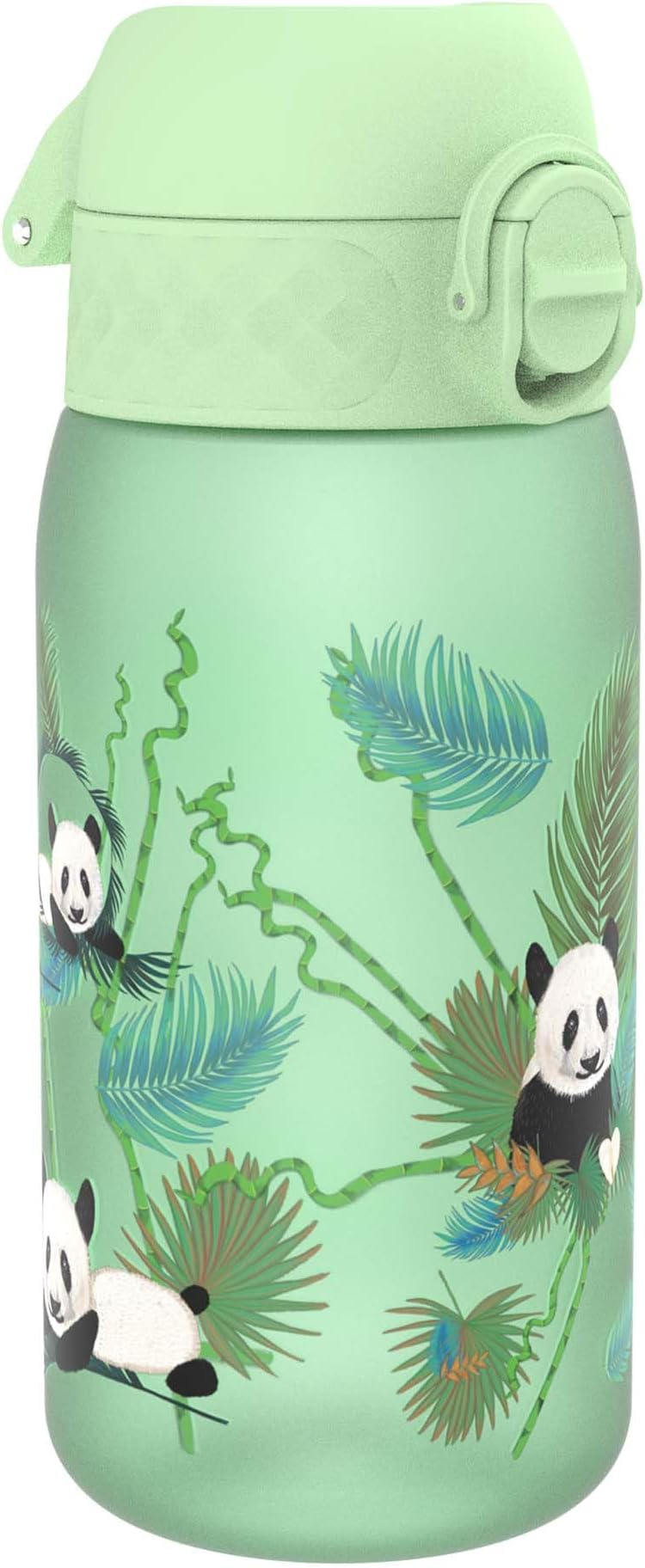Ion8Kids Water Bottle, 350 ml/12 oz, Leak Proof, Easy to Open, Secure Lock, Dishwasher Safe, BPA Free, Carry Handle, Hygienic Flip Cover, Easy Clean, Odour Free, Carbon Neutral, Green, Pandas