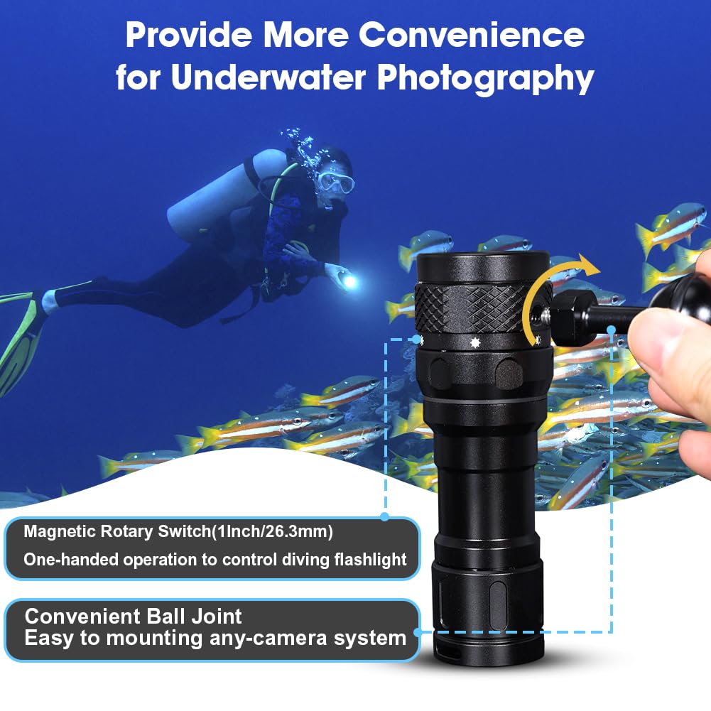 Willcrew DX70 3000 Lumens Tauchlampe, Video Fotografie Tauchen Taschenlampe, IPX8 WasserdichtTauchlampe, Dimmbarem Licht+UV-Rotlich, 100M Scuba Photo Fill Beleuchtung, Wiederaufladbare Akku