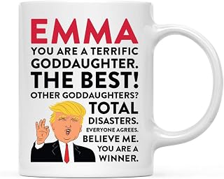 Andaz Press Personalized Funny President Donald Trump 11oz. Coffee Tea Mug Gift, You are a Terrific Goddaughter, 1-Pack, Custom Coworker Friend Him Her, Gift Box