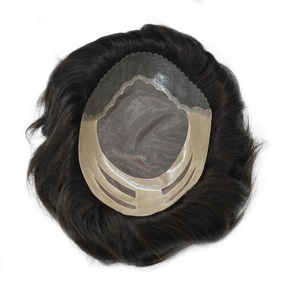 Hair System For Men Human Hair Hairpiece Fine Mono Lace Mens Toupee Poly Skin Around Hair Unit Replacement System Hair Piece For Men 8''X10'' #1 Jet Black 120% Density