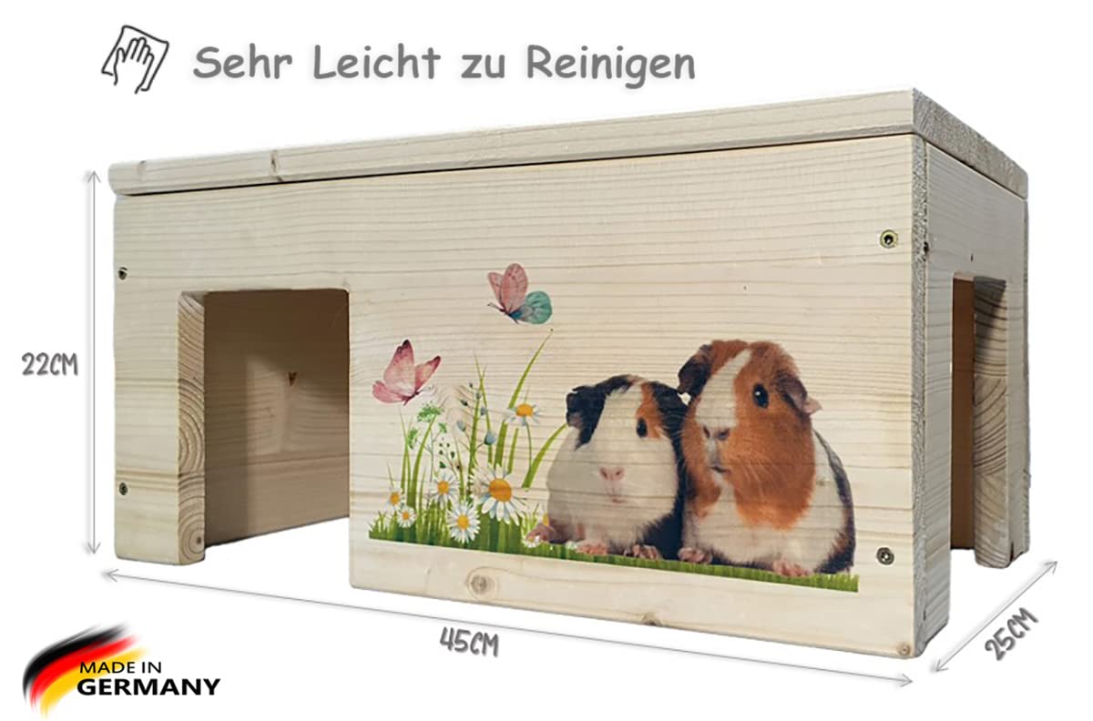 Meerschweinchenhaus aus Holz mit 2 Eingängen, Outdoor, Groß, Holzlasur & Aufklappbar / 45x25x22cm