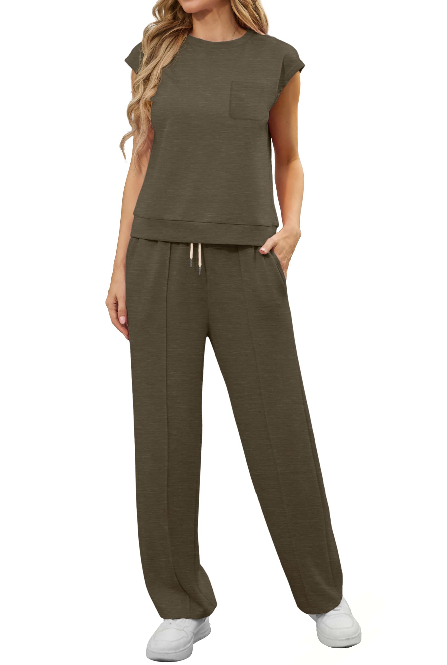 GRECERELLE Survêtement deux pièces Femmes Tenues d'été Ensemble Casual Crew Neck Cap Sleeve Tops et jogging Survêtements avec poches - 5