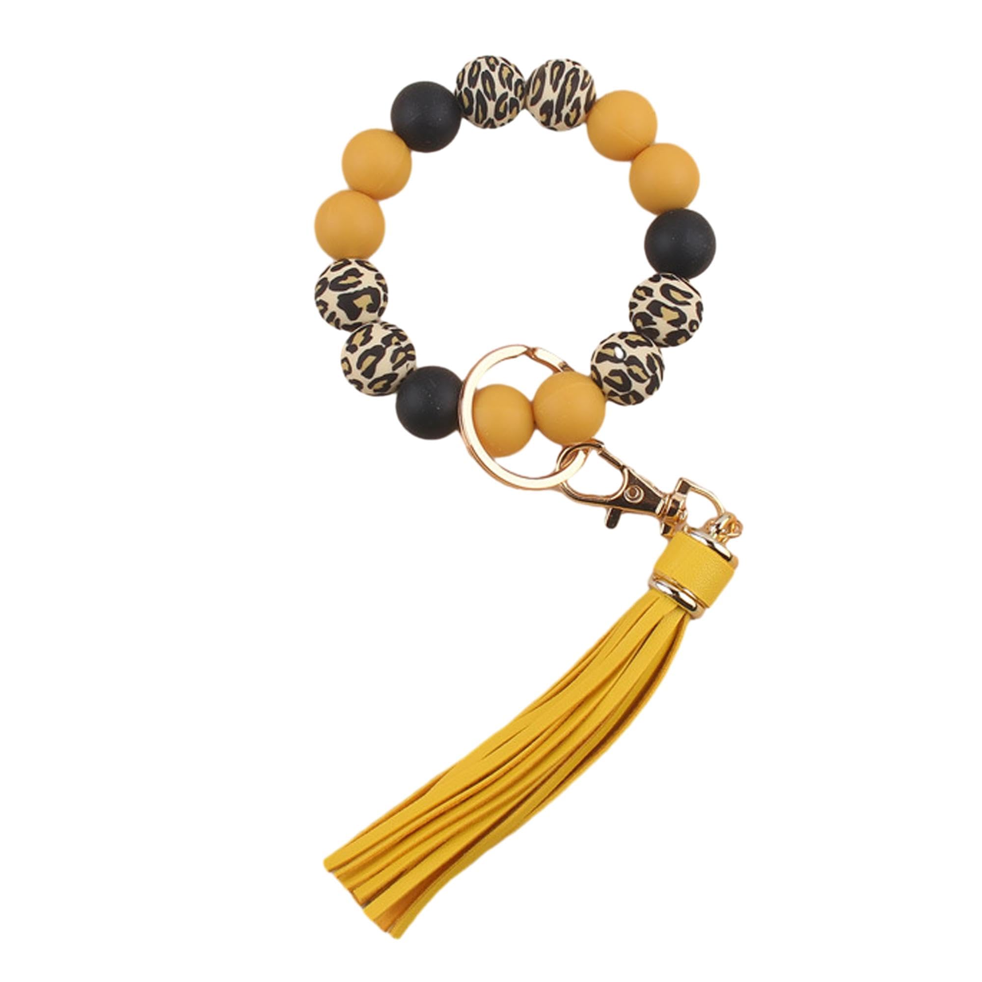 Boethesi Leopard Silicone Beaded Wristlet Keychain, PU Tassel Bracelet Bangle Beads Car Keyring for Women,Wrist Key Chains, Yellow, One Size