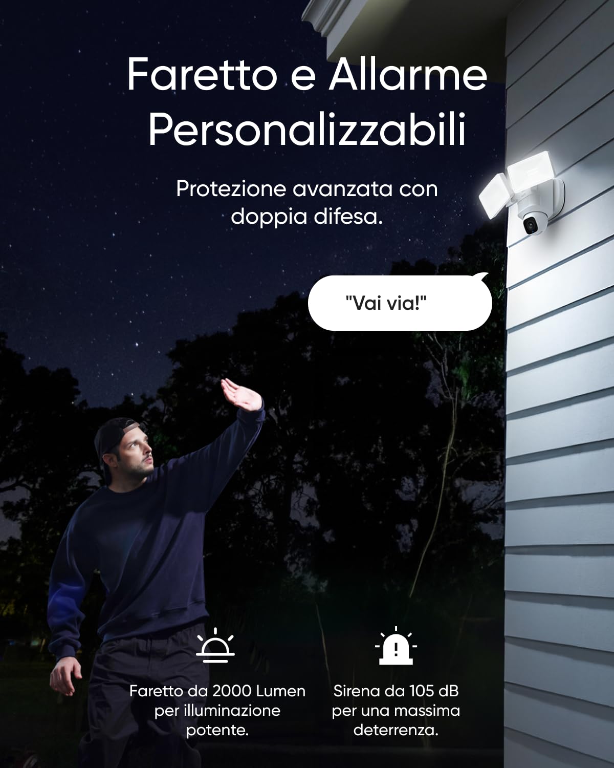 eufy Security Floodlight Cam E30, Telecamera Wi-Fi Esterno, 2K | Rotazione Panoramica e Inclinazione 360°, Rilevamento e Tracciamento con IA, 2000 Lumen, Registrazione 24/7, No canone.