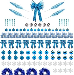 LAWOHO 109pcs Christmas Tree Decorations Set, Bow Tree Topper, Glitter Poinsettia, Baubles, Bows, Snowflakes, Christmas Ball Ornaments, Shatterproof Seasonal Décor Hanging Baubles for Xmas Tree (Blue)