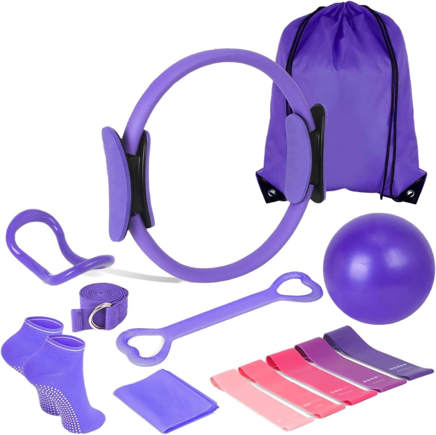 Kit Pilates Hogar Mujeres 13 PCS con Aro, Bola, Bandas y Toalla