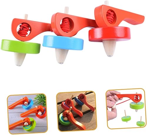 Toyvian 3Pcs Wooden Gyroscope with Handle and Pull String Lightweight Portable Preschool for Educational Pull String Activity Tops Random Color