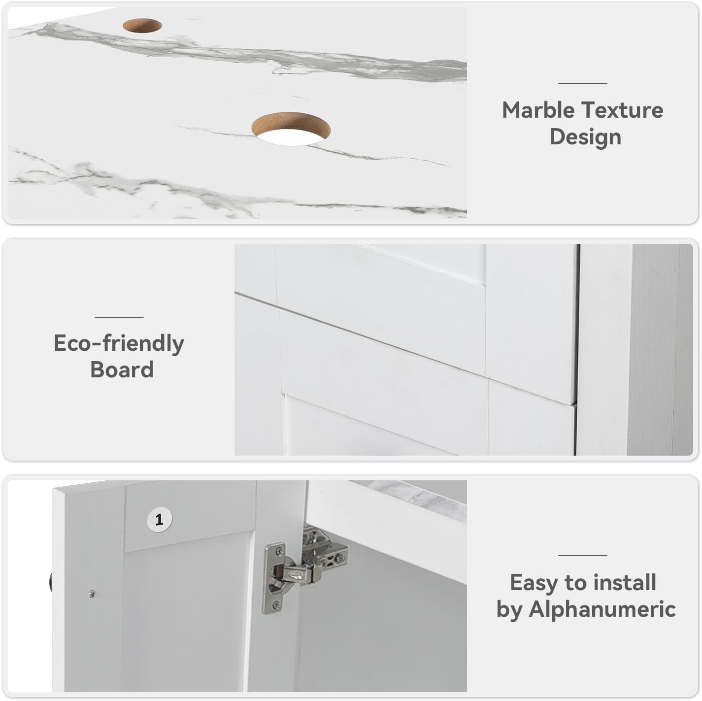 24" White Bathroom Vanity with Marble Texture Top, Traditional Standing Pedestal Cabinet Without Sink