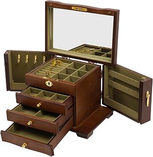 Schmuck Organizer Vintage Samt Schmuckschatulle aus Holz mit 4 Schublade & ausziehbare Schubladen Schmuckbox Schmuckkasten mit Spiegel & Schloss für Ringen Halsketten