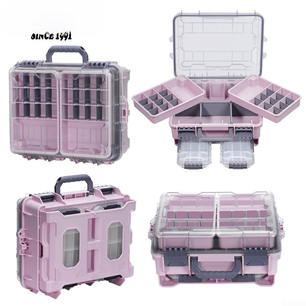 Grande boîte de rangement étanche pour articles de pêche, double couche, avec séparateurs réglables, étui de rangement en ABS haute capacité, pour hameçons, leurres, appâts, outils, gris