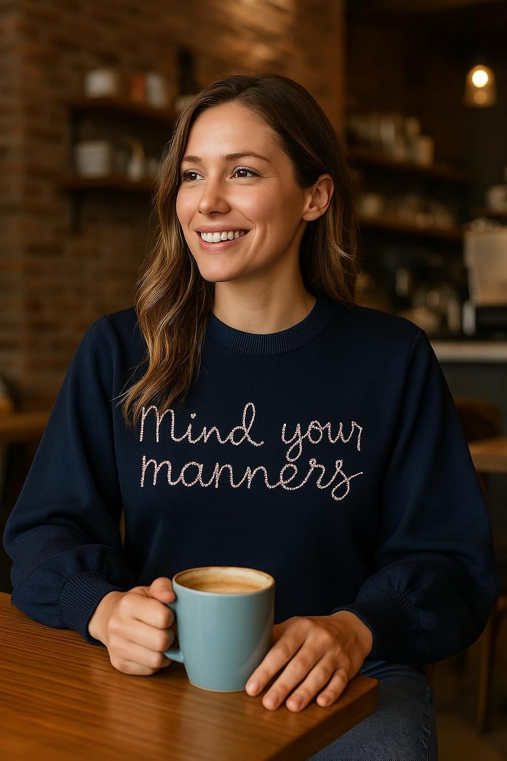 Mind Your Manners Navy Blue Kids Sweater, Pullover Girls Sweater for Kids Classic Crew Neck Long Sleeve School Casual Wear