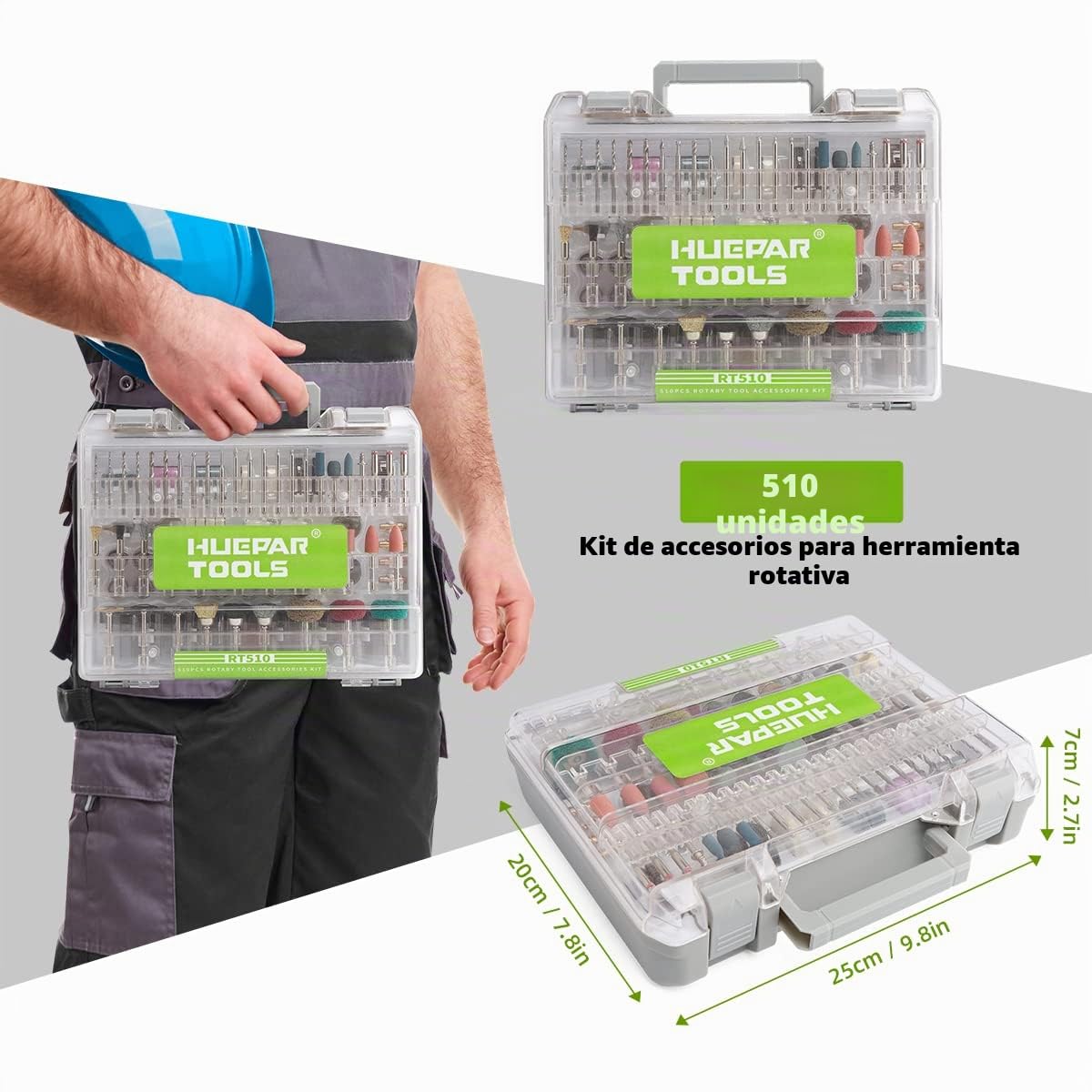 Kit de 510 Accesorios de Herramientas Rotativa, Huepar Tools Accesorios Variados Multiusos, Universales Accesorios para Dremel u Otro, Reutilizables, para Cortar, Esmerilar, Pulir, Taladrar y Grabado