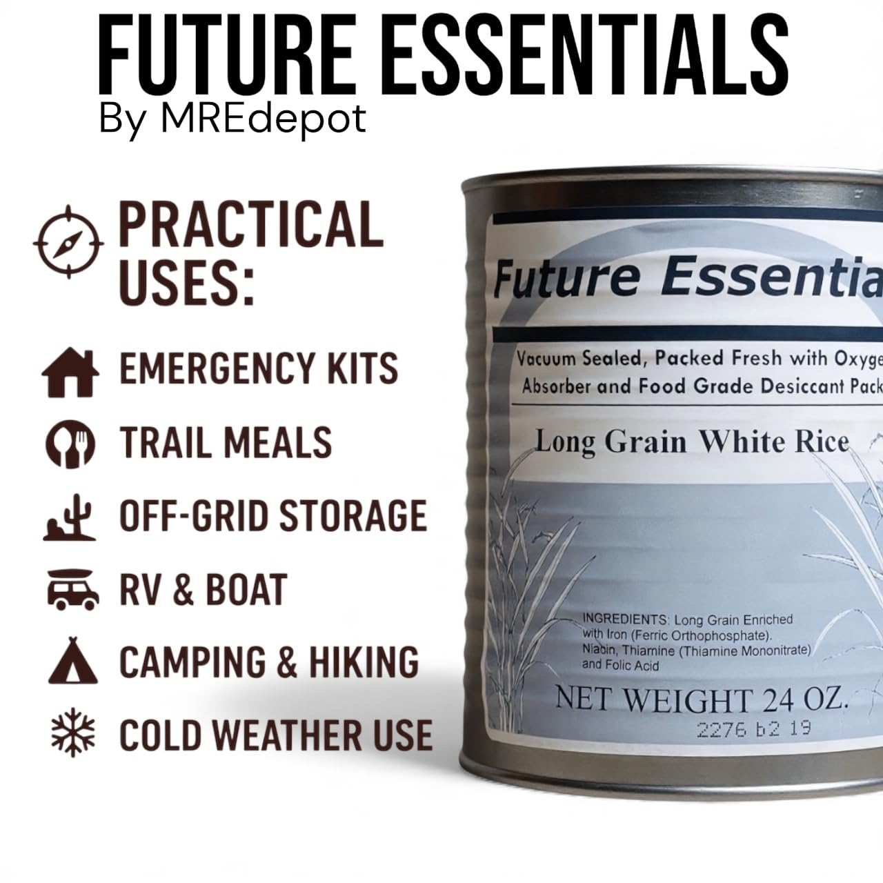 Future Essentials Long Grain White Rice – USA Grown, Uncooked White Rice with 25-Year Shelf Life – Shelf-Stable, Vacuum-Sealed Emergency Food – 24 oz #2.5 Can (Pack of 12)
